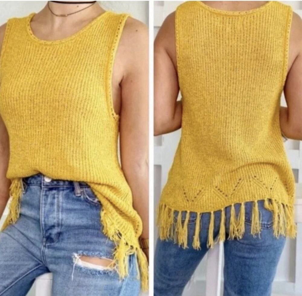 Anthropologie PEPIN Crochet Knit Boho Fringe Top Blouse Sleeveless Yellow Sz M